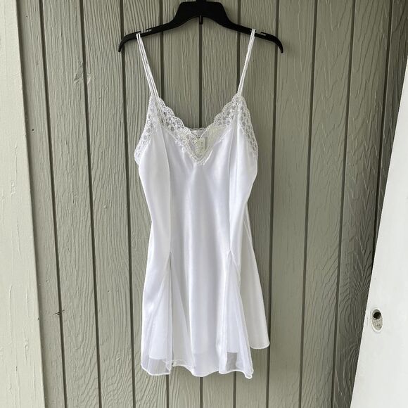 Vintage Val Mode White Satin Slip Dress w/ Pearl Lace – Large - Picture 1 of 9